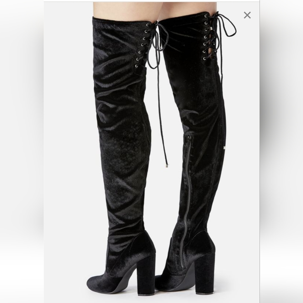 NEW JUST FAB Leona Black Heeled Knee High Suede Lace Up Boots Size 6 - Picture 3 of 17